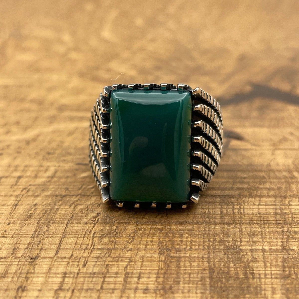 Sterling Silver 925 Handmade Green Agate Men's Ring