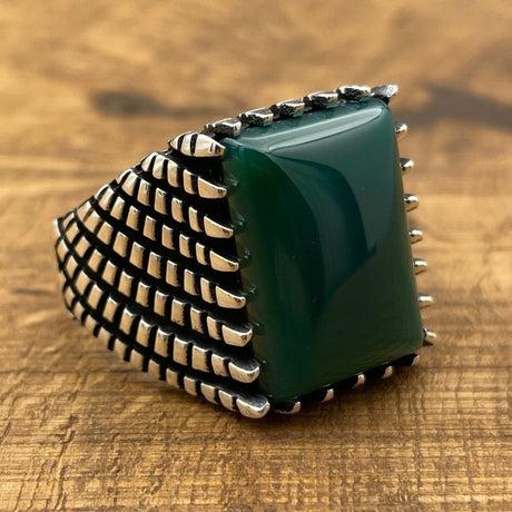 Sterling Silver 925 Handmade Green Agate Men's Ring