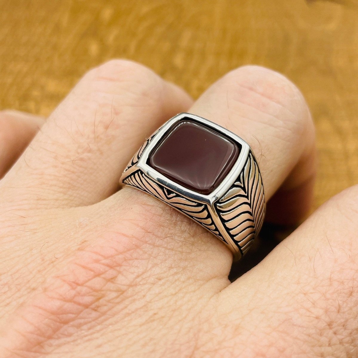 Sterling Silver 925 Handmade Red Agate Men's Ring