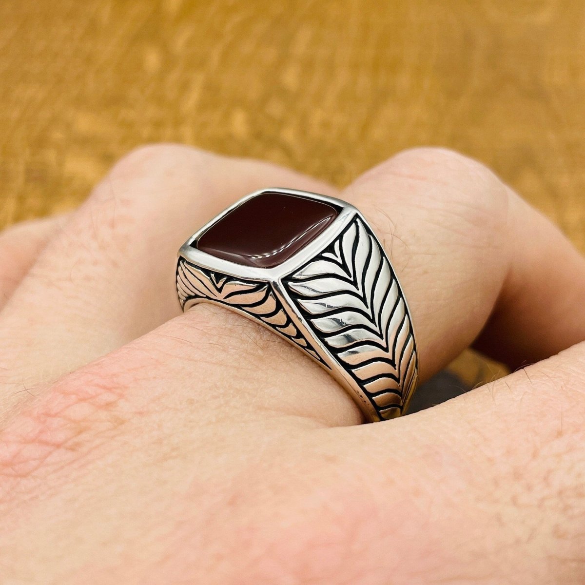 Sterling Silver 925 Handmade Red Agate Men's Ring