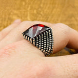 Sterling Silver 925 Handmade Red Zircon Men's Ring