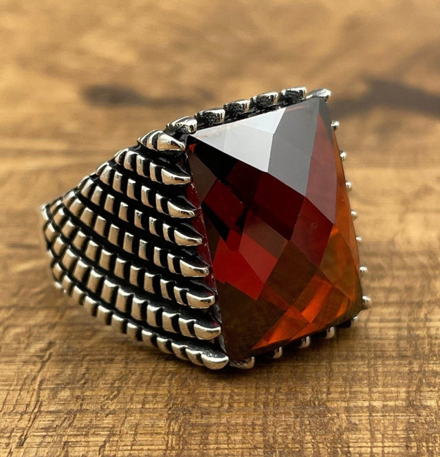 Sterling Silver 925 Handmade Red Zircon Men's Ring