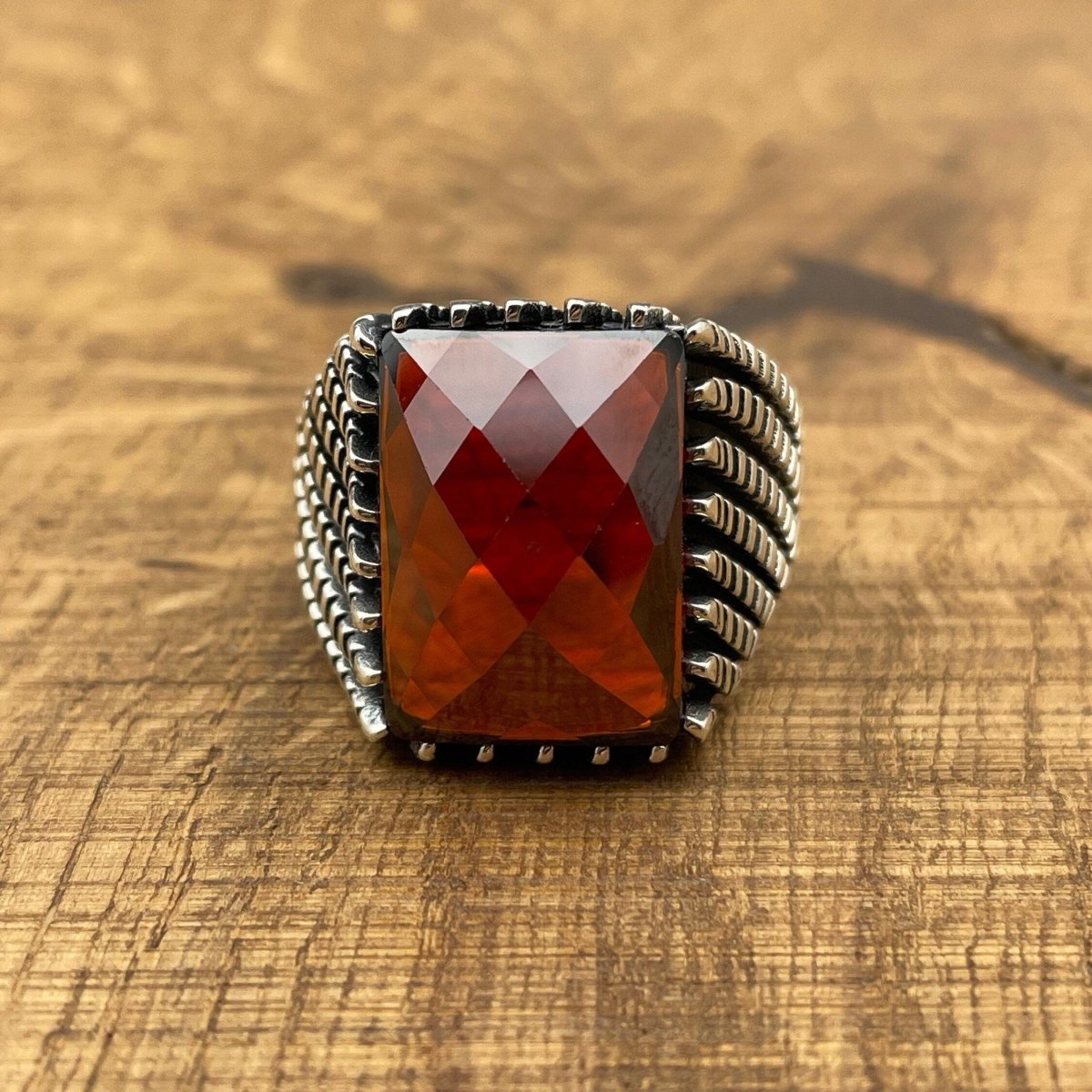 Sterling Silver 925 Handmade Red Zircon Men's Ring