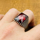 Sterling Silver 925 Handmade Red Zircon Men's Ring