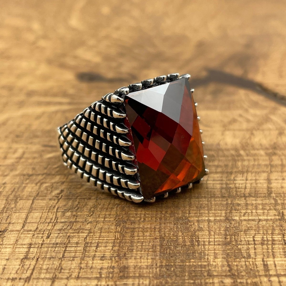 Sterling Silver 925 Handmade Red Zircon Men's Ring