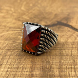 Sterling Silver 925 Handmade Red Zircon Men's Ring