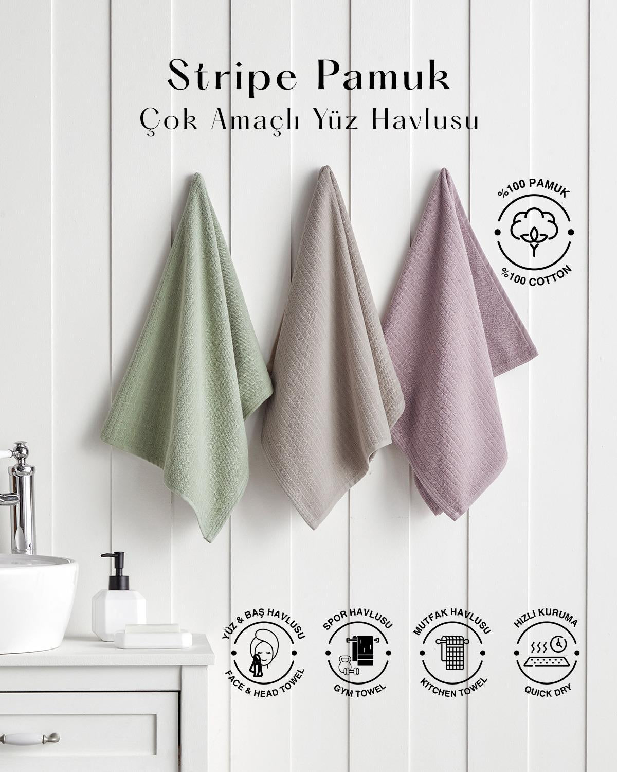 Premium Striped Cotton Hand Towel   Dark Beige   50x70 cm