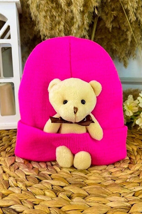 Subu Design Children's Fuchsia Pink Beanie Hat with Plush Teddy Bear - TryAladdin