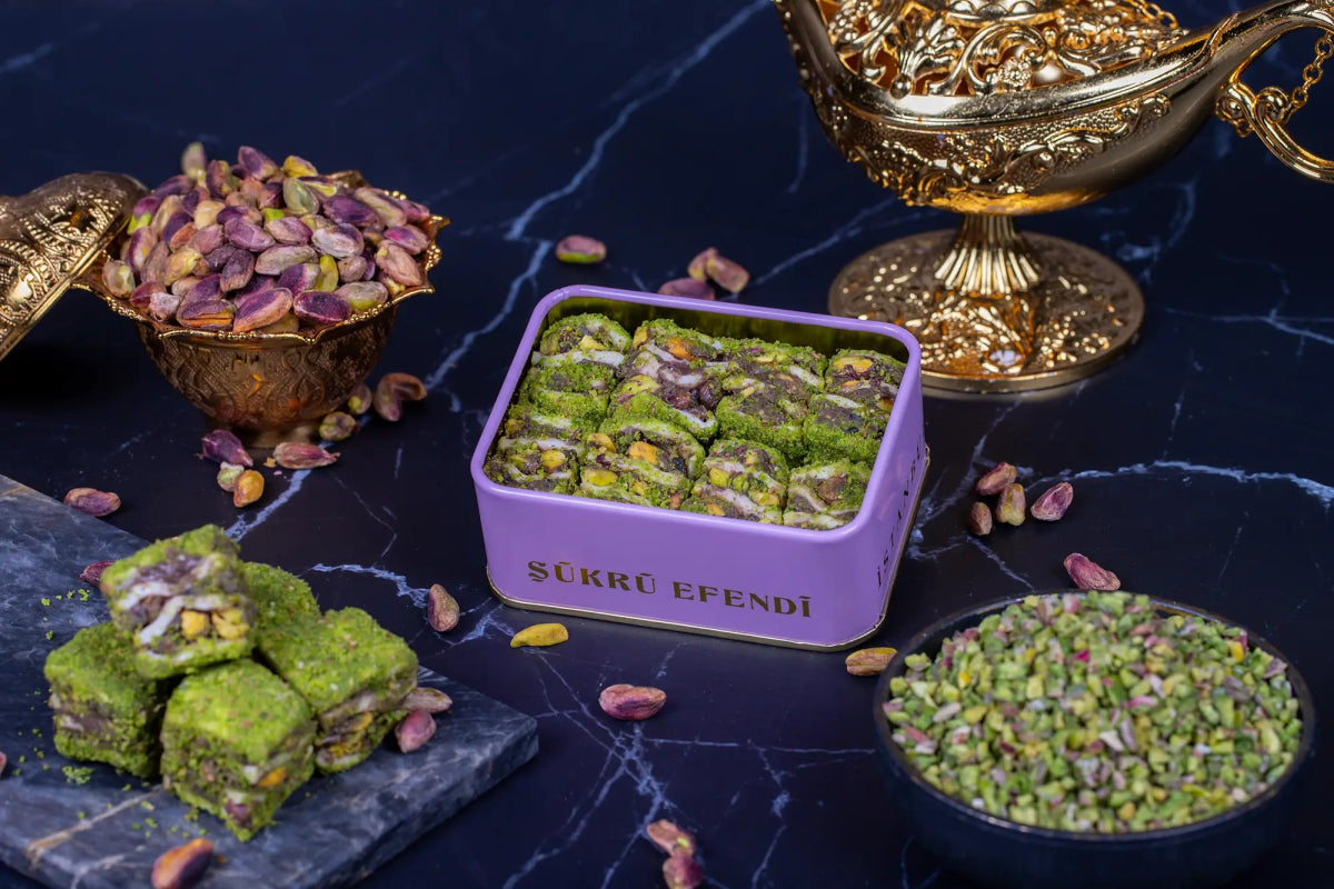 Sukru Efendi 1935 | Luxury Baklava Turkish Delight - Covered with Powdered Pistachio, Stuffed with Cocoa Cream and Pistachio