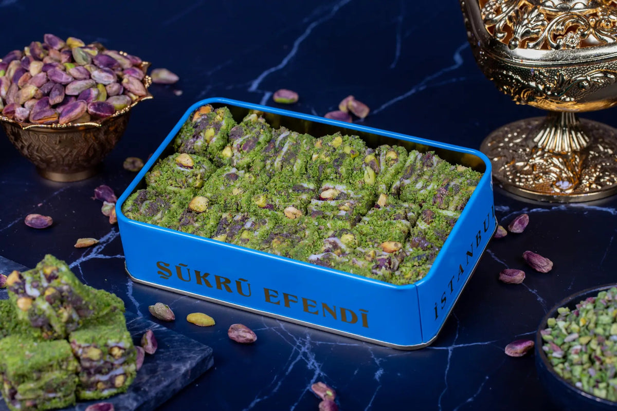 Sukru Efendi 1935 | Luxury Baklava Turkish Delight - Covered with Powdered Pistachio, Stuffed with Cocoa Cream and Pistachio