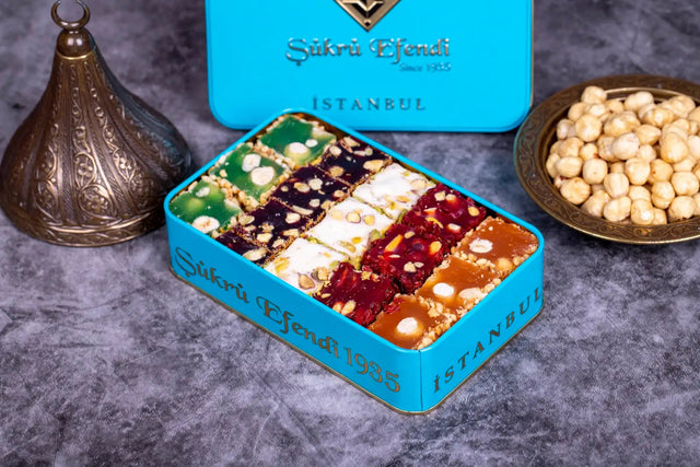 Sukru Efendi 1935 | Mix Turkish Delight Squares with Pistachio and Hazelnut in Gift Metal Box