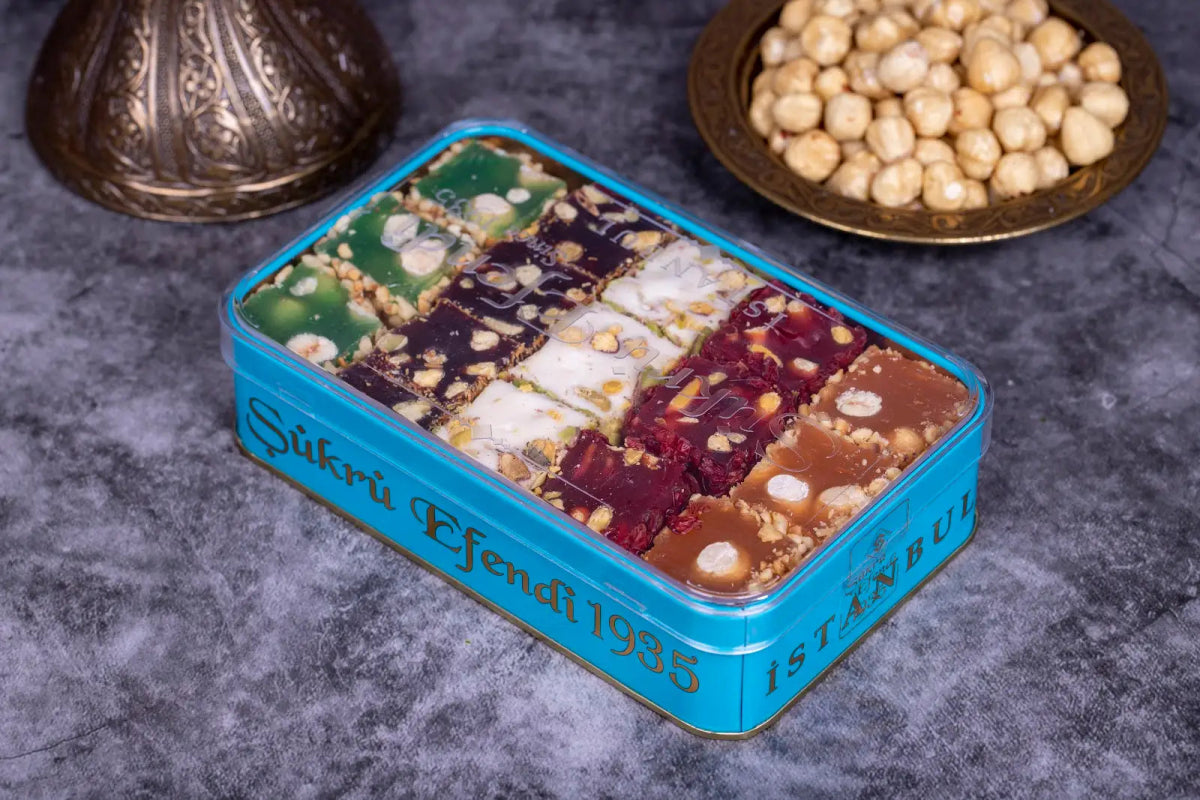 Sukru Efendi 1935 | Mix Turkish Delight Squares with Pistachio and Hazelnut in Gift Metal Box