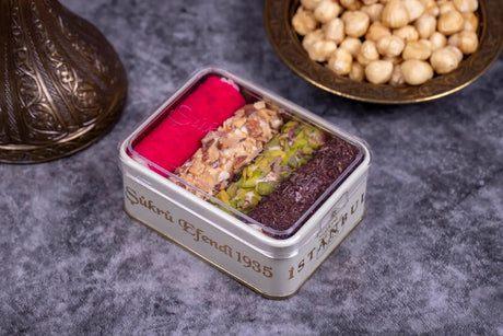 Sukru Efendi 1935 | Mix Turkish Delight Wraps with Pistachio and Hazelnut in Gift Metal Box