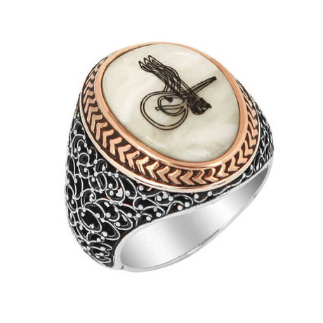 Authentic Ottoman Tughra Silver Men's Ring Mother of Pearl