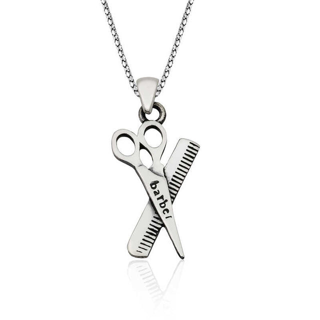 Barber Shop Necklace - Sterling Silver Scissors & Comb Pendant