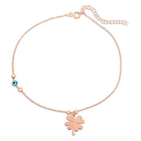 Rose Gold Tone Anklet - Dainty Clover & Evil Eye Lucky Charm