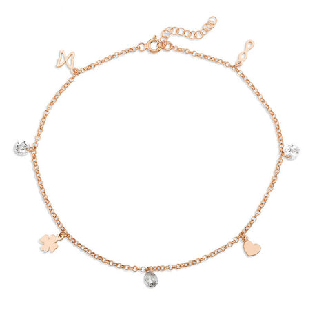 Anklet - Rose Gold Tone Lucky Charm & Clear Stone Dainty Anklet