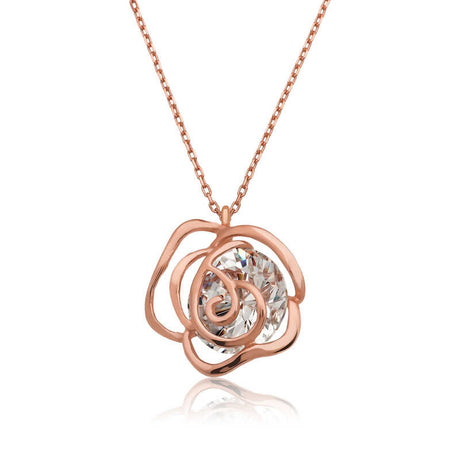 Rose Gold Tone Floral Solitaire Crystal Necklace