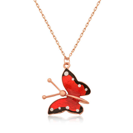 Necklace - Rose Gold Plated Sterling Silver Red Butterfly Charm