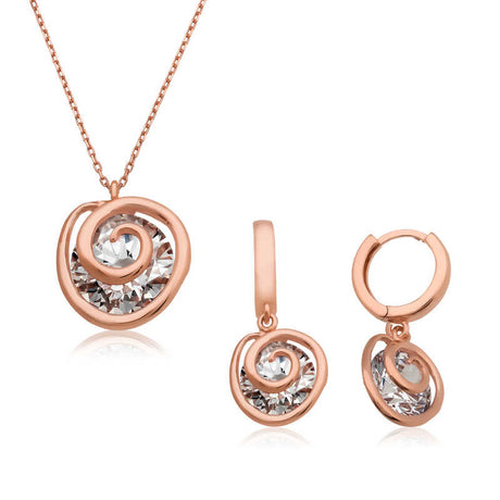 Rose Gold Tone Crystal Swirl Jewelry Set - Elegant Pendant & Hoop Earrings