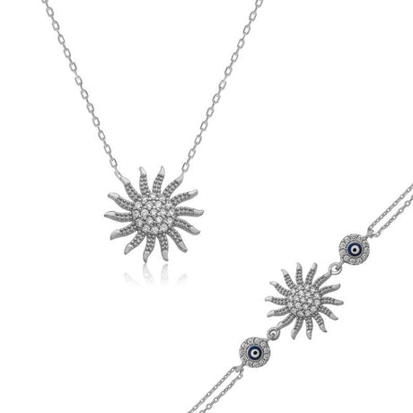 Sterling Silver Jewelry Set - Sparkling Sun & Evil Eye Charms