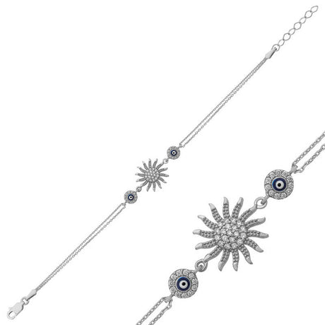 Sterling Silver Sun & Evil Eye Charm Bracelet - Dainty Sparkle