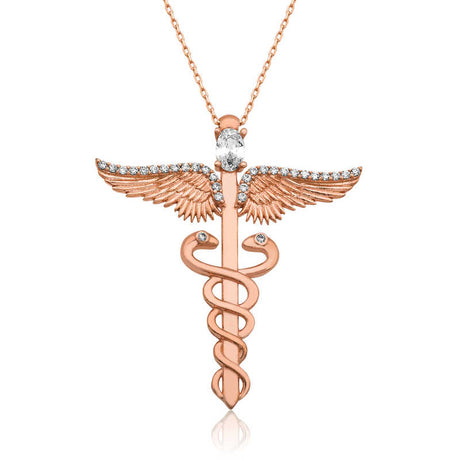 Rose Gold Tone Caduceus Medical Symbol Zirconia Necklace