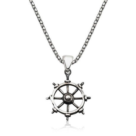 Sterling Silver Ship Wheel Pendant Necklace - Nautical Design