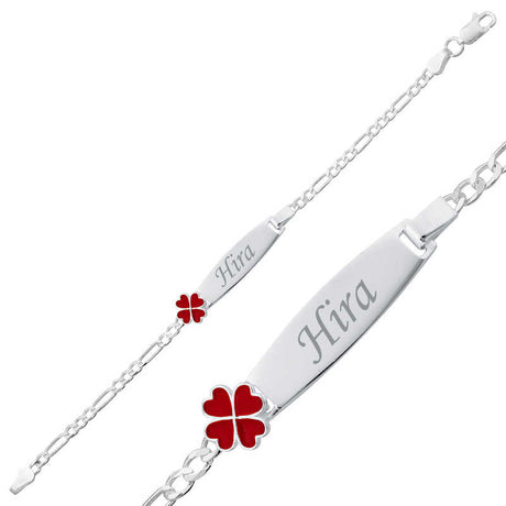 Sterling Silver Kids Personalized ID Bracelet - Red Clover Charm