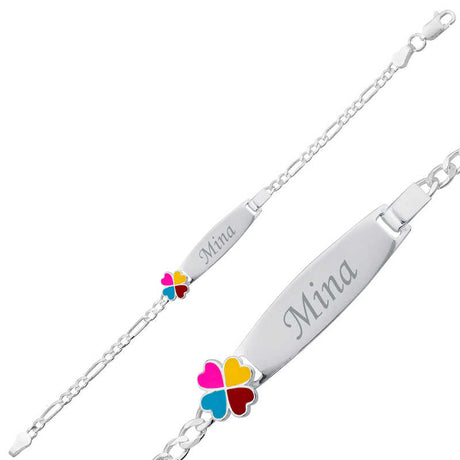 Sterling Silver Kids ID Bracelet - Engraved Name Plate with Colorful Clover