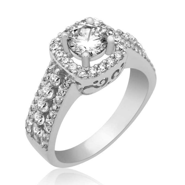 Sterling Silver Square Halo Ring - Dazzling Cubic Zirconia Solitaire