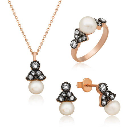 Rose Gold Tone Pearl & Zircon Jewelry Set - Vintage Inspired Elegance