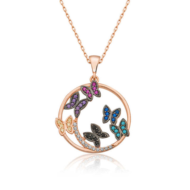 Necklace - Rose Gold-Tone Multi-color Butterfly Circle Pendant
