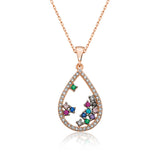 Necklace - Rose Gold Plated Multi-Color Zirconia Floating Gemstone Teardrop
