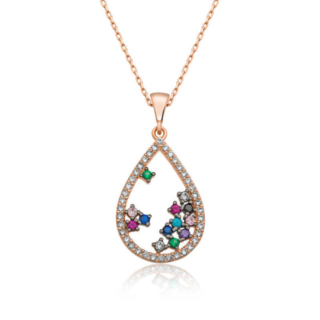 Necklace - Rose Gold Plated Multi-Color Zirconia Floating Gemstone Teardrop