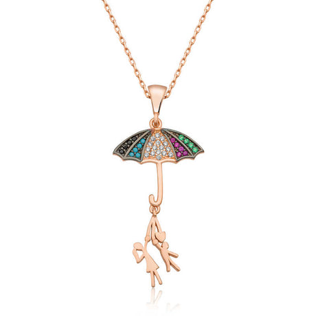 Necklace - Rose Gold Plated Multi-Stone Umbrella & Couple Pendant