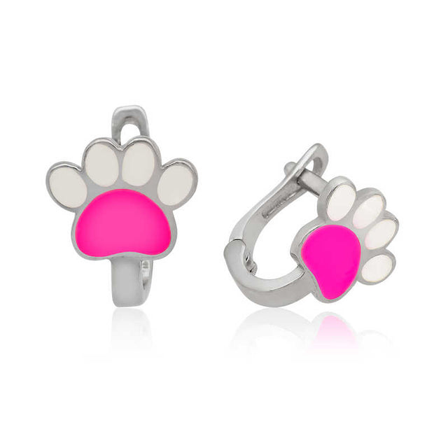 Sterling Silver Pink Paw Print Children's Enamel Earrings