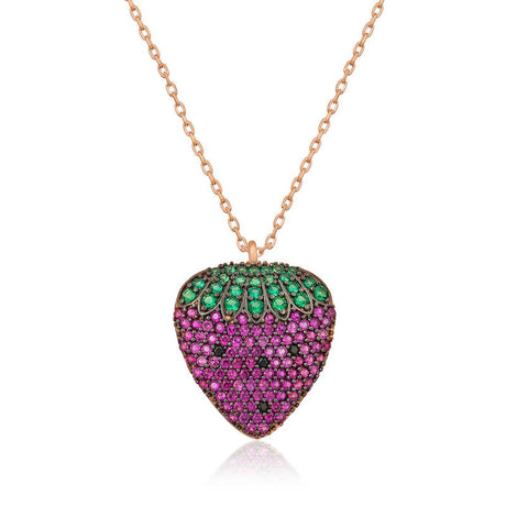 Necklace - Rose Gold Plated Sterling Silver Strawberry Zirconia Pendant