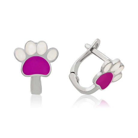Kids' Silver-Tone Paw Print Enamel Huggie Hoop Earrings
