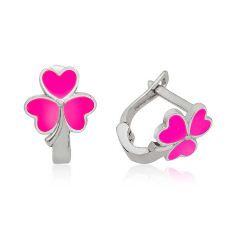 Sterling Silver Pink Enamel Clover Heart Kids Hoop Earrings