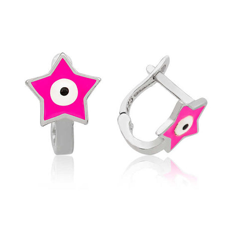 Sterling Silver Pink Star Evil Eye Huggie Earrings for Kids