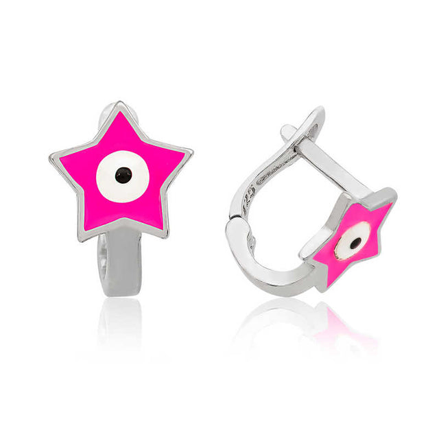 Sterling Silver Pink Star Evil Eye Huggie Earrings for Kids