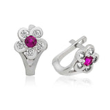 Children's Earrings - Sterling Silver Flower with Magenta & CZ Stones