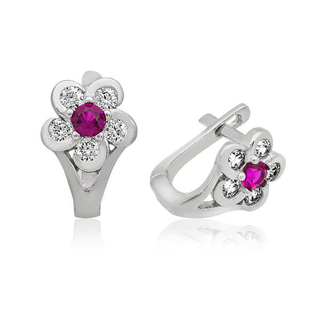Children's Earrings - Sterling Silver Flower with Magenta & CZ Stones