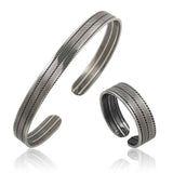 Sterling Silver Engraved Line Pattern Cuff Bracelet & Ring Set