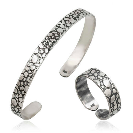 Sterling Silver Cuff Bracelet & Ring Set - Organic Dot Design