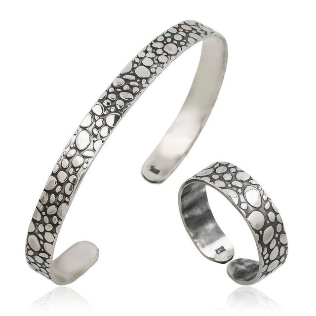 Sterling Silver Cuff Bracelet & Ring Set - Organic Dot Design