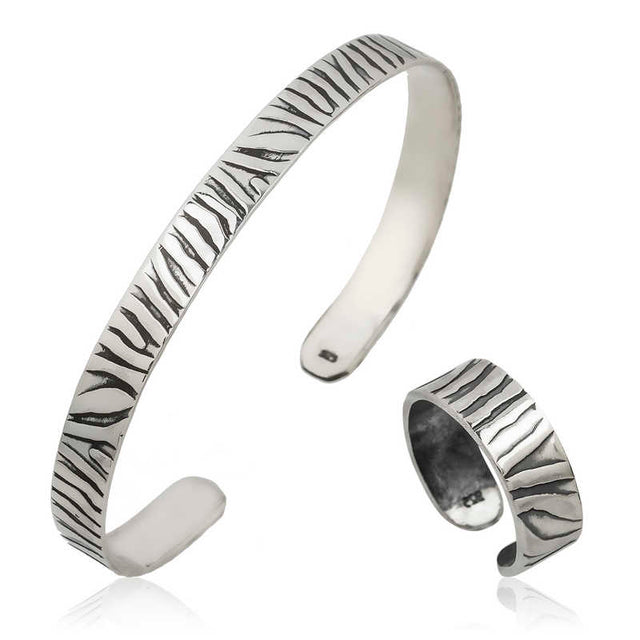 Sterling Silver Zebra Pattern Cuff Bracelet & Ring Set