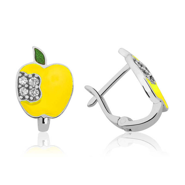 Kids' Sterling Silver Yellow Apple Enamel & CZ Leverback Earrings