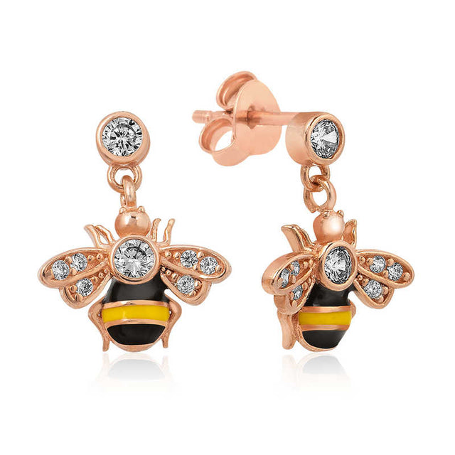 Rose Gold Plated Bee Dangle Earrings with Sparkling Cubic Zirconia